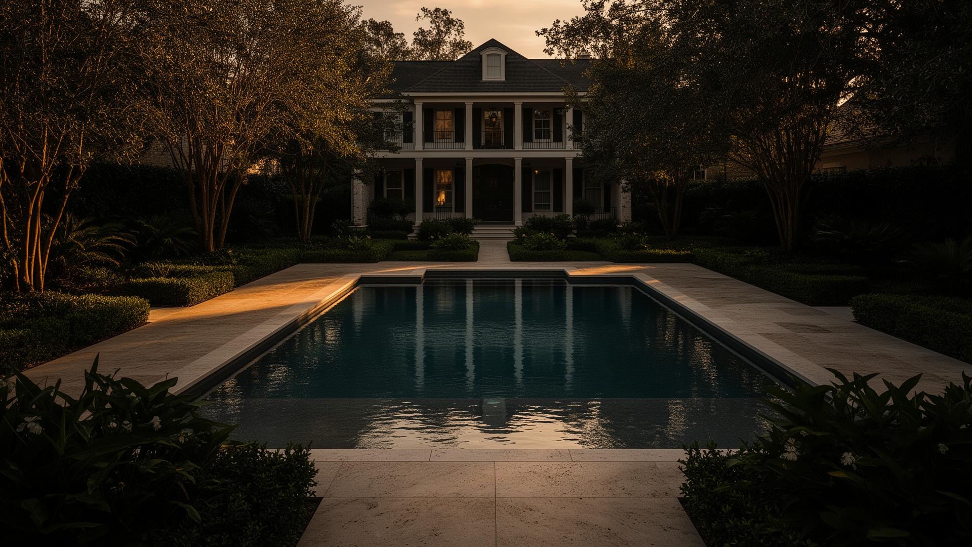 Custom gunite pool at dusk in a Baton Rouge backyard